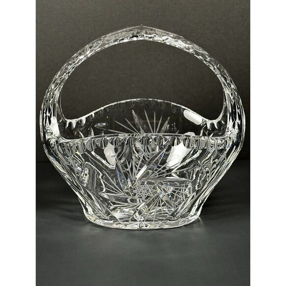 Vintage Pressed Glass Crystal Handled Basket Candy Dish Pinwheel Design - Picture 5 of 16